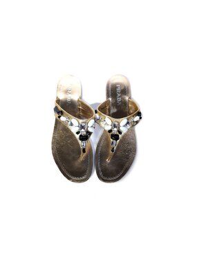 Prada Flat Leather Thong Sandals in Gold with Rhinestones Womens Size 7